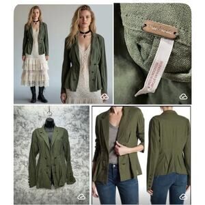 Earthy Army Boho Preppy Military Blazer Jacket Free People Linen Blend Womens L